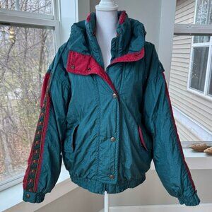 Vintage 80s 90s Paris Sport Club Teal Floral Nylon Cropped Puffer Jacket Large
